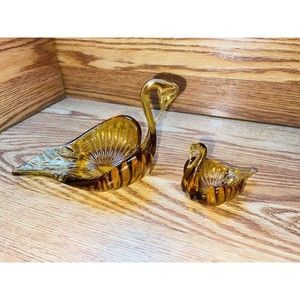Swans Candy Dishes Amber Glass Swans Trinket Nesting Dishes